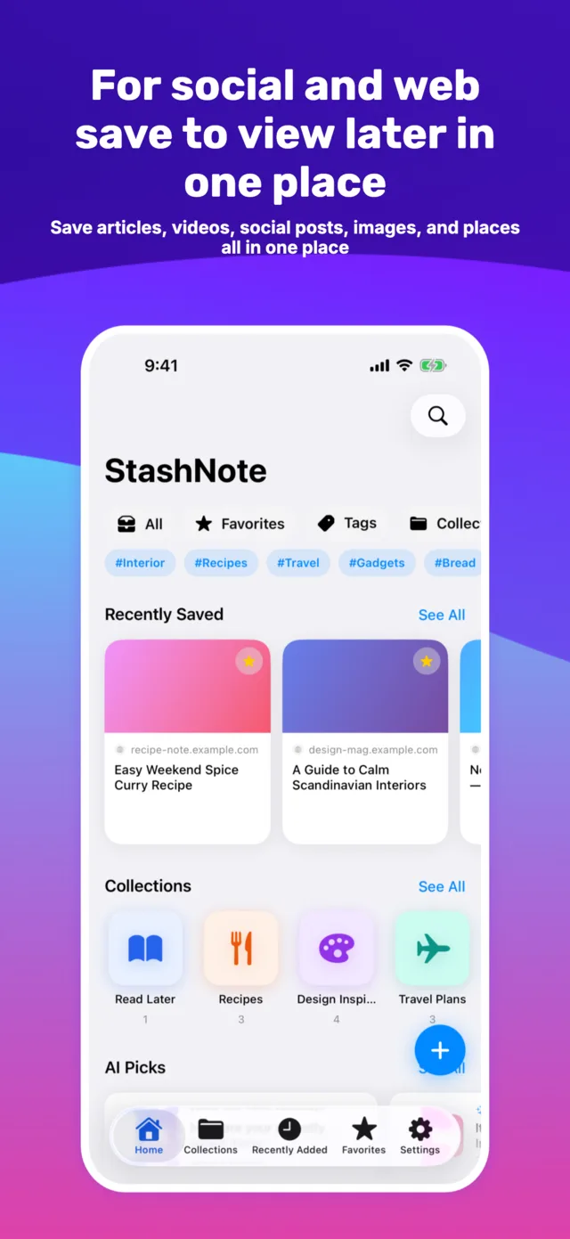 StashNote home screen with the search icon and tag filter chips
