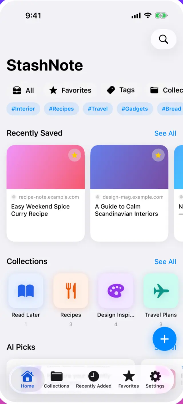 StashNote home screen showing saved links as cards, organized with tags and collections